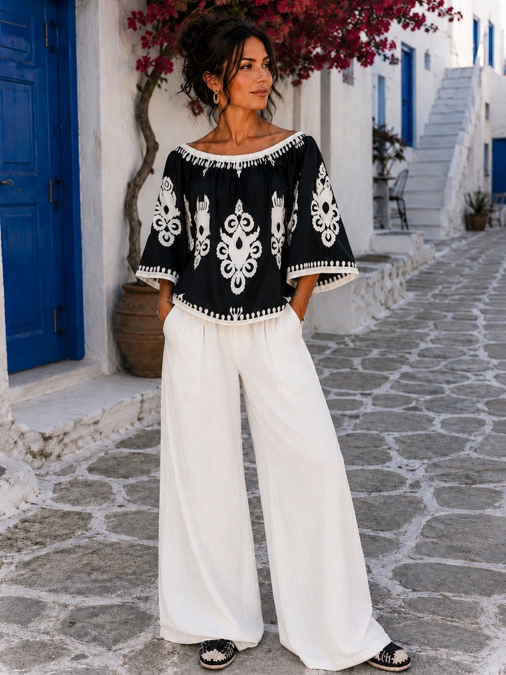 Unbranded SZ 1XL On or Off The Shoulder Peasant Blouse - Black/White/Bust 42”